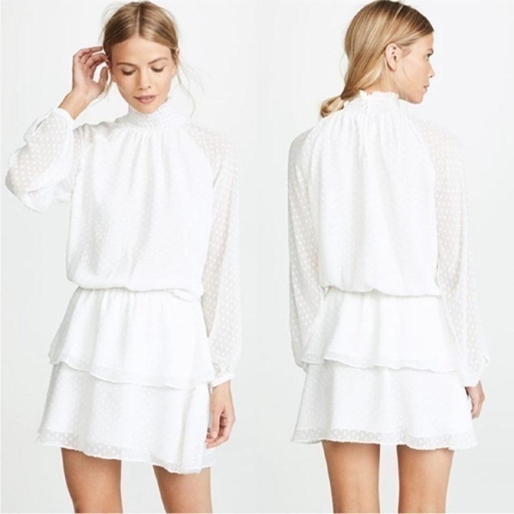 Yumi Kim Class Act Tiered High Neck Long Sleeve Mini Dress in Swiss Dot White